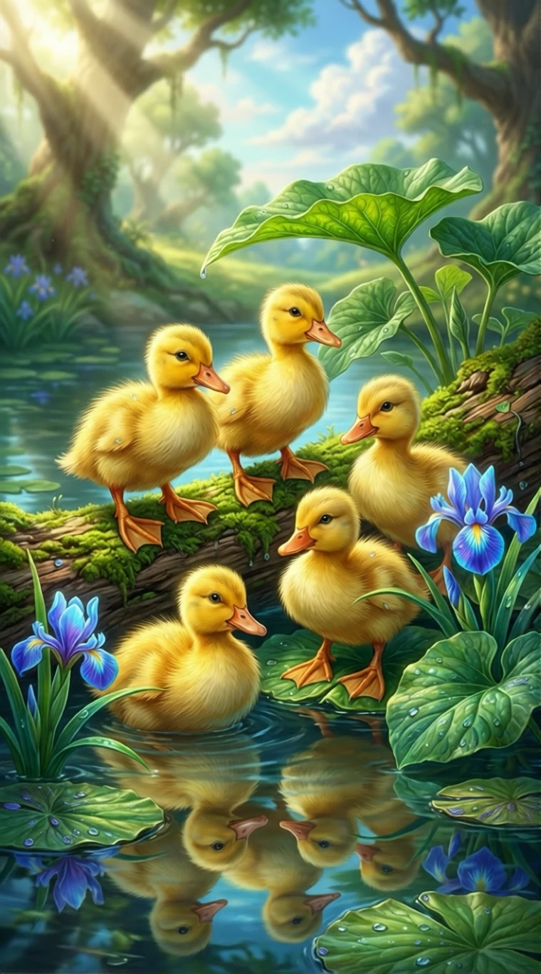 Adoráveis patinhos amarelos relaxando juntos em um lago ensolarado