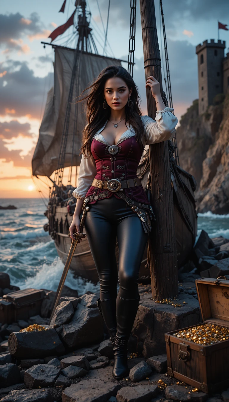 Charismatische Piratenkapitänin posiert in einer Sonnenuntergangsbucht