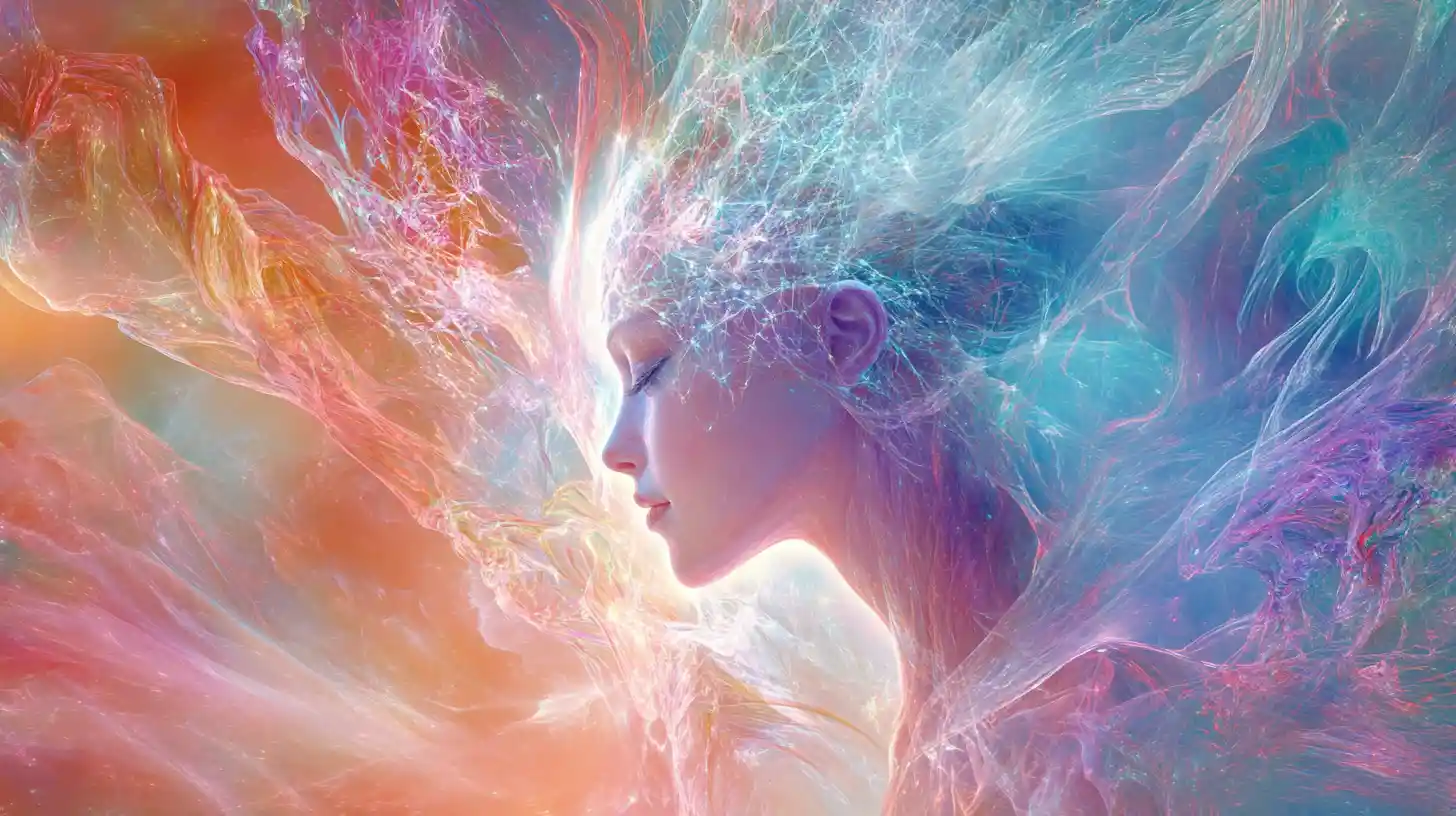 Ethereal crystal goddess emerging from swirling iridescent vortex