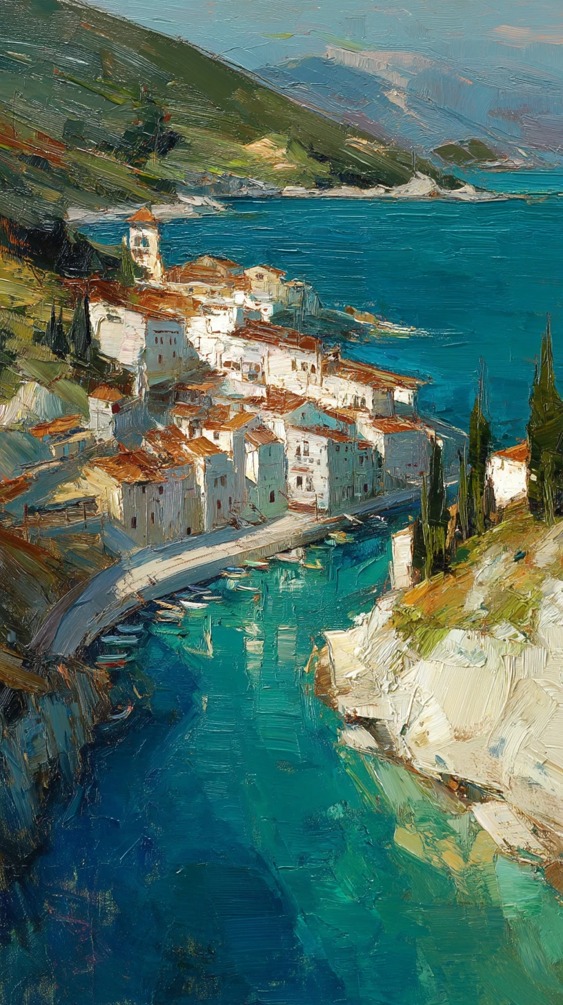 Cittadina costiera collinare impressionista sopra un porto turchese