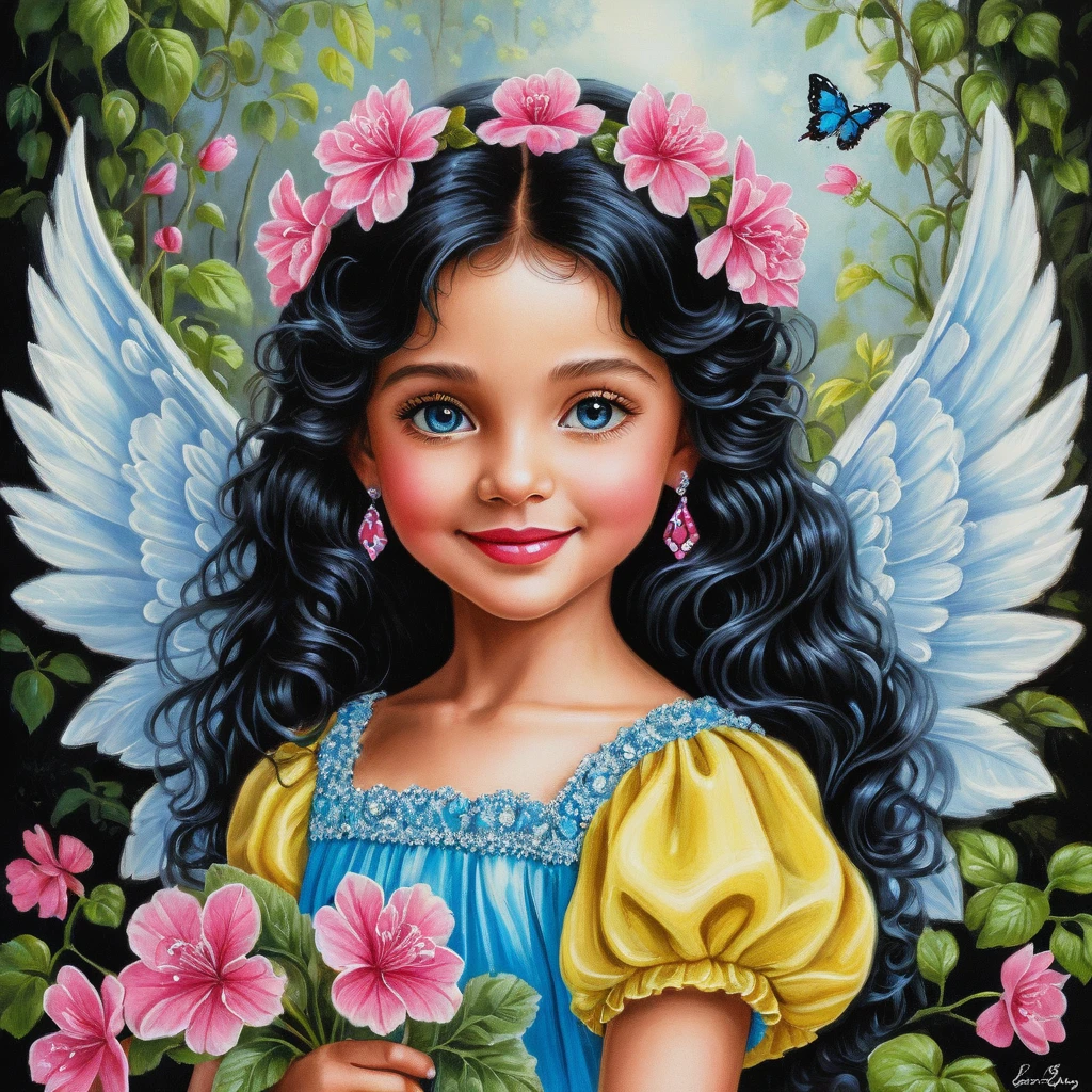 Dolce angelo di primavera sorridente con fiori e abito scintillante