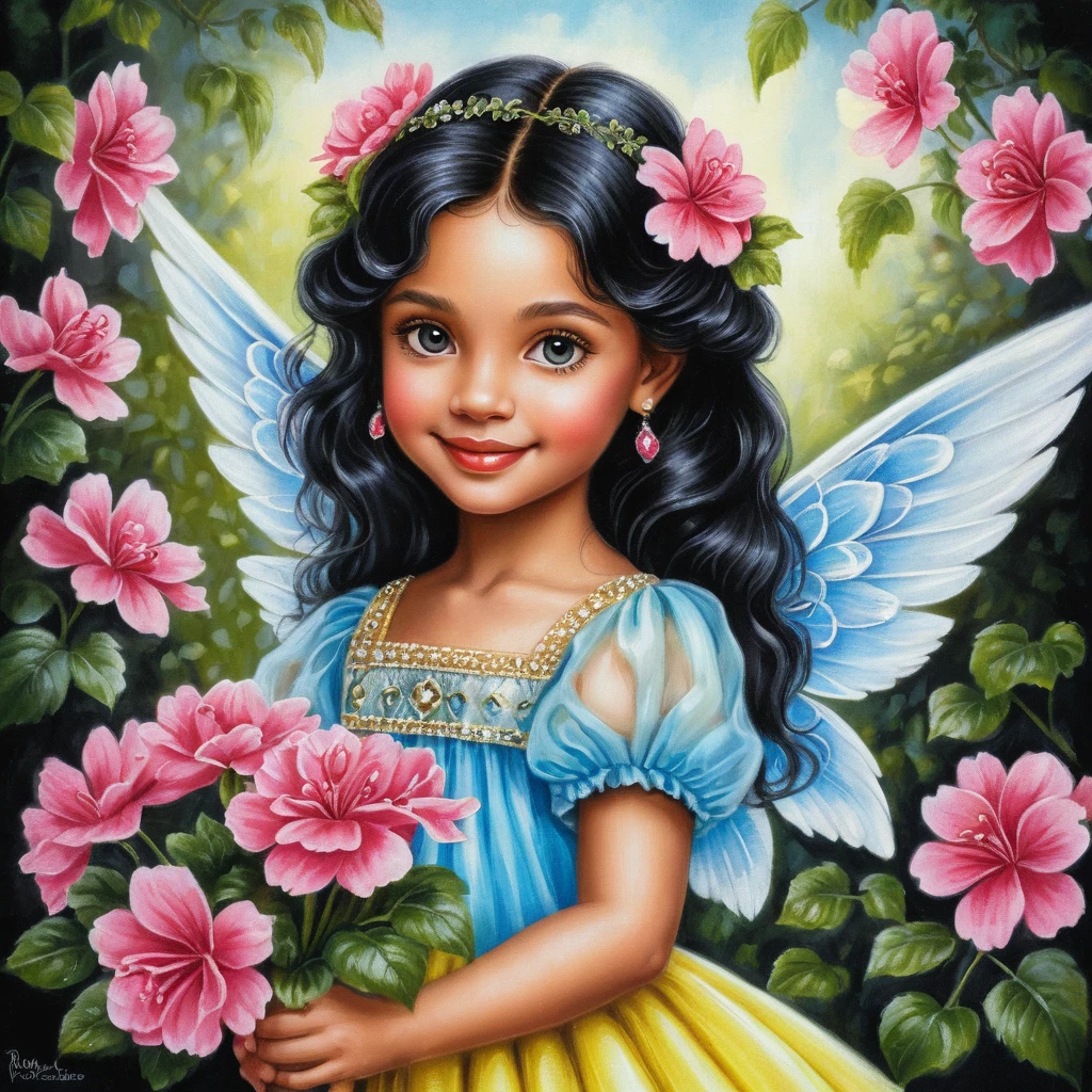 Smiling spring angel girl with flowers in yellow dress