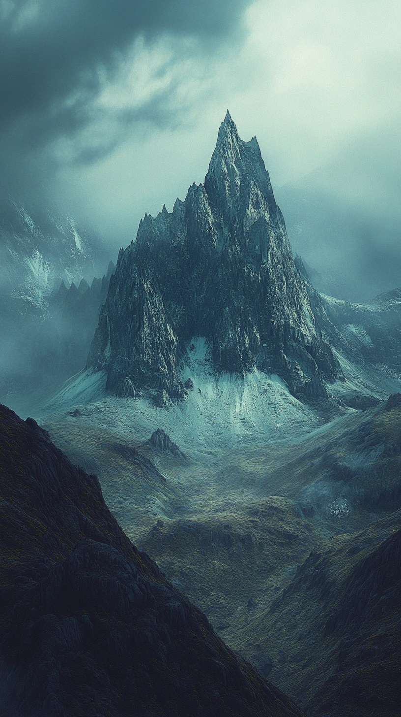 Picos de montanha em camadas em paisagem cinematográfica azul-petróleo e enevoada