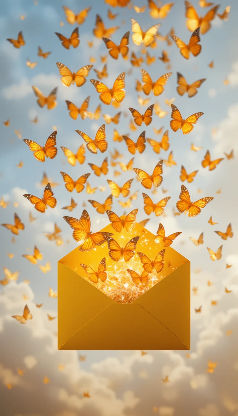 Sobre amarillo liberando mariposas naranjas brillantes en el aire