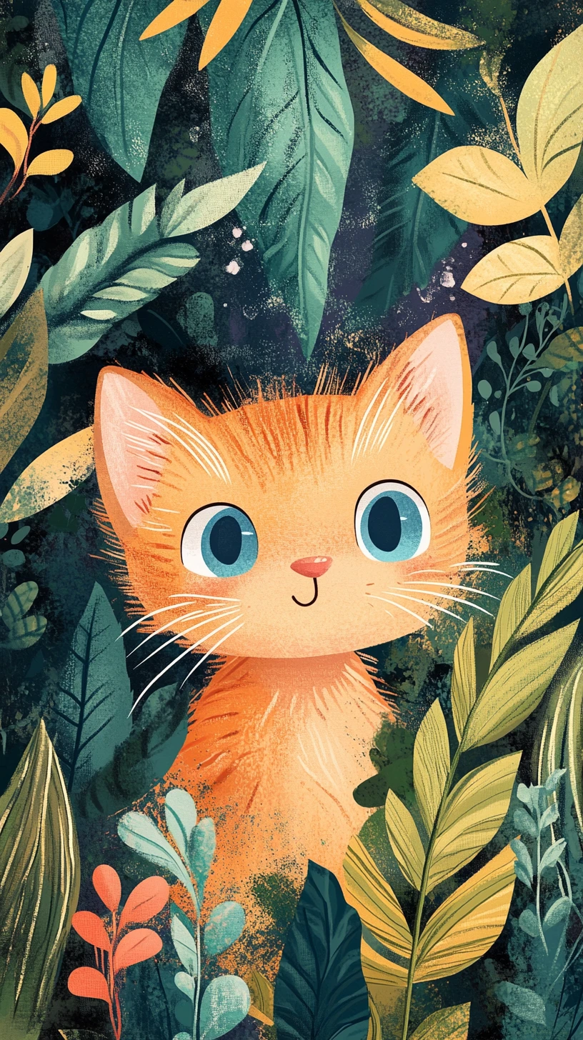たんぽぽの中にいる子猫と遠くの山の景色