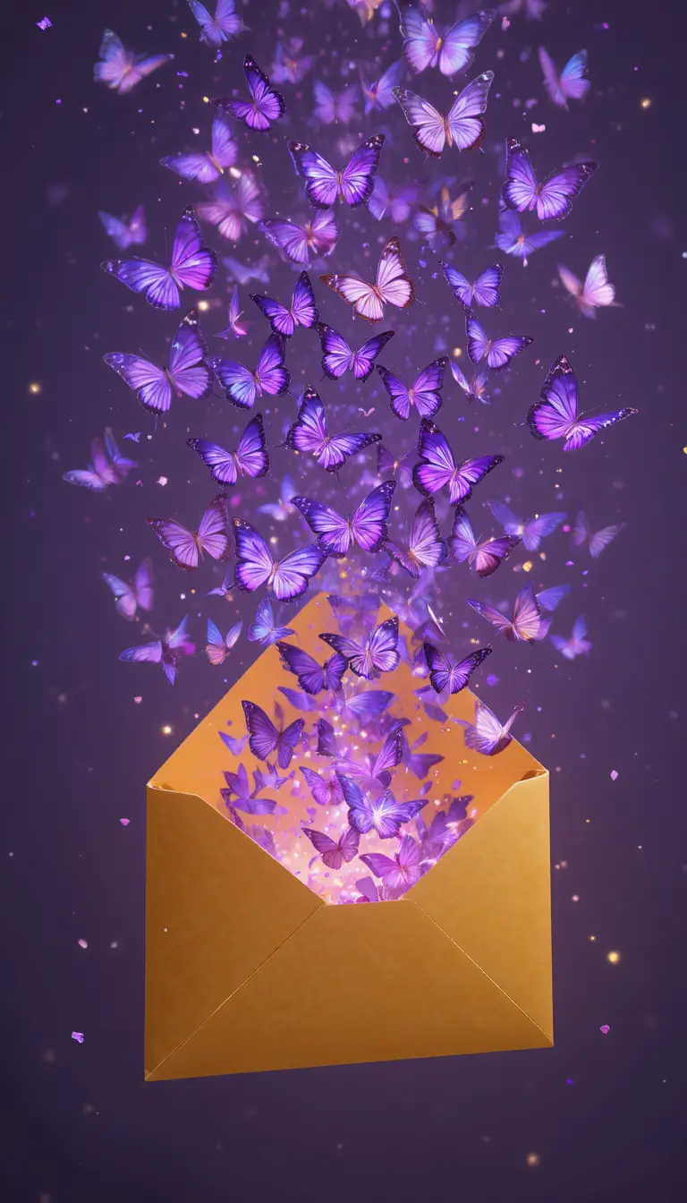 Violette Schmetterlinge, die aus einem schwebenden gelben Umschlag hervorkommen