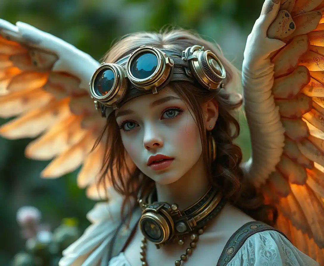Ethereal steampunk angel in a playful pop surrealism scene