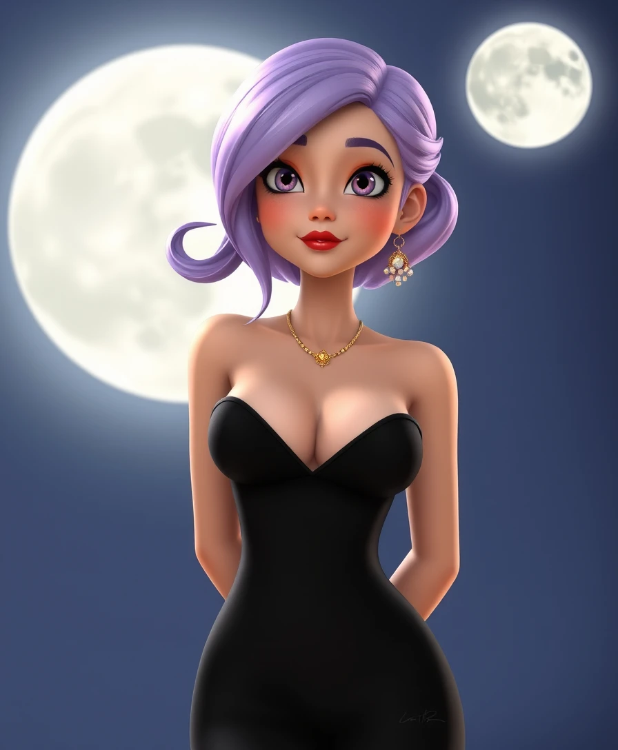 Femme élégante en robe noire sous une pleine lune éclatante