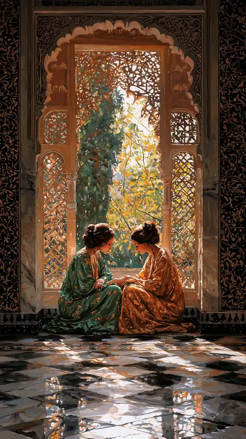 Sleeping women in emerald robes in a sunlit riad room
