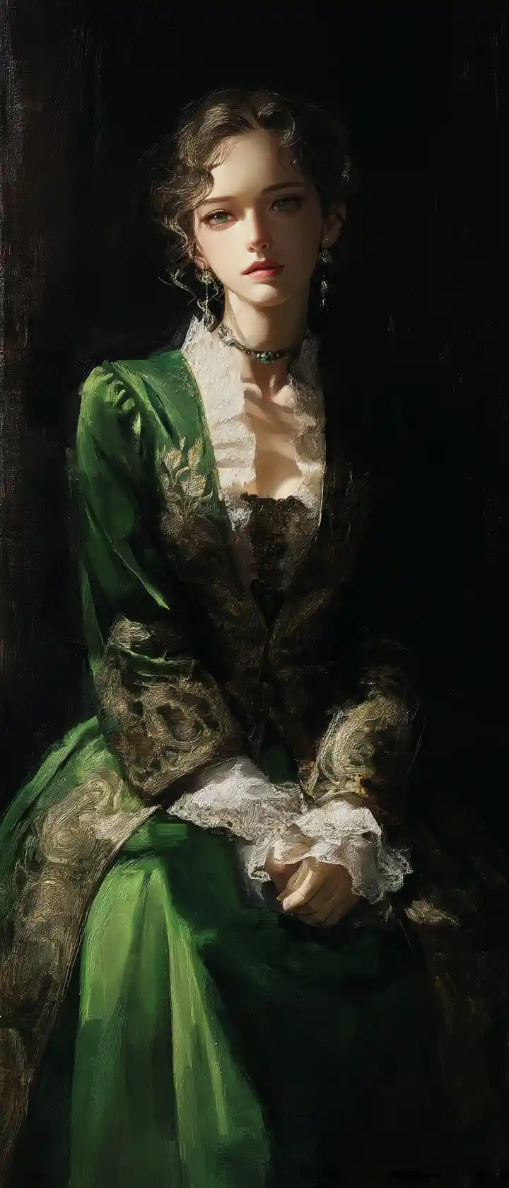 Anime noblewoman in emerald velvet gown portrait