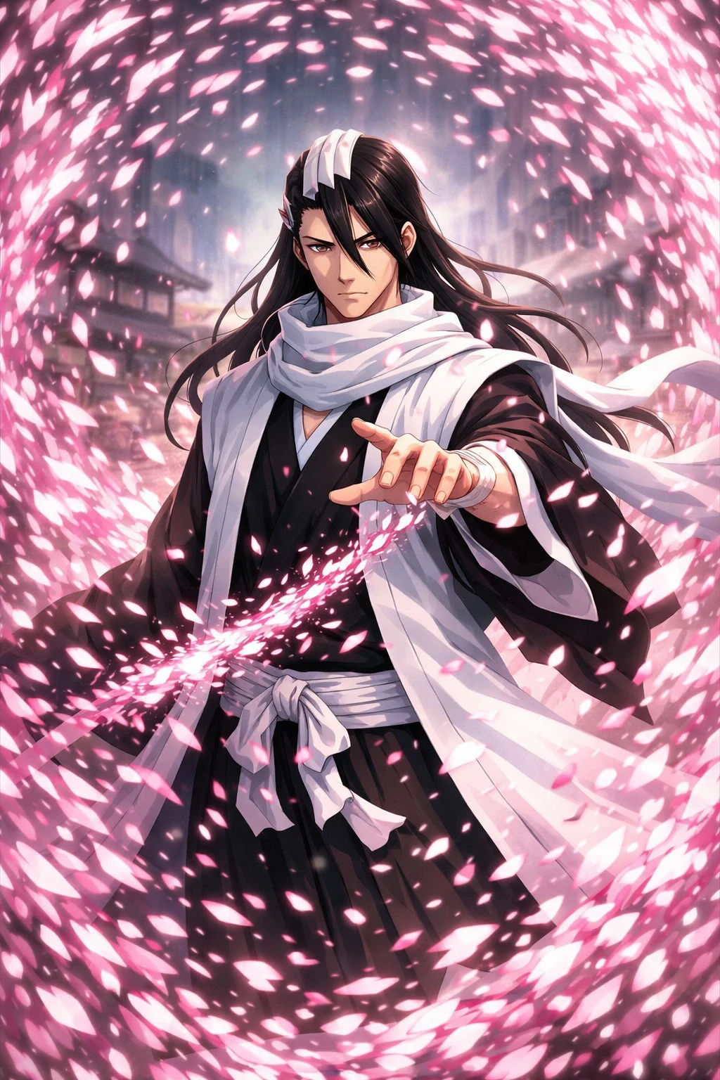 Espadachim estoico comandando uma tempestade de lâminas espirituais cor‑de‑rosa