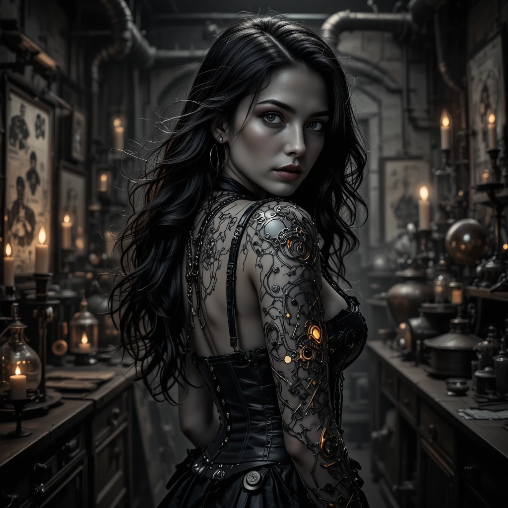 Femme steampunk noir avec corset mécanique lumineux