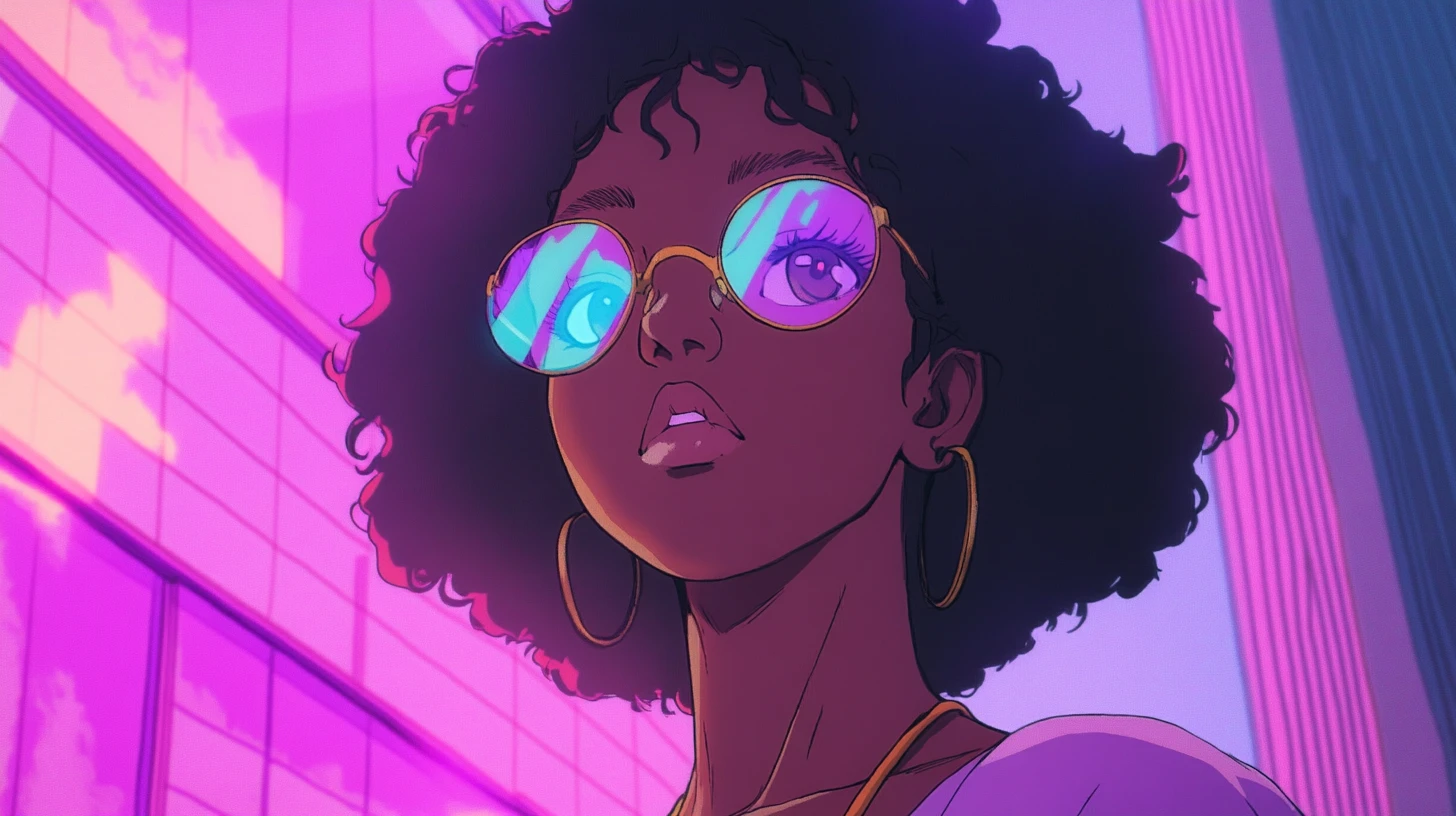 Retrato em estilo anime de uma mulher negra com cores vibrantes
