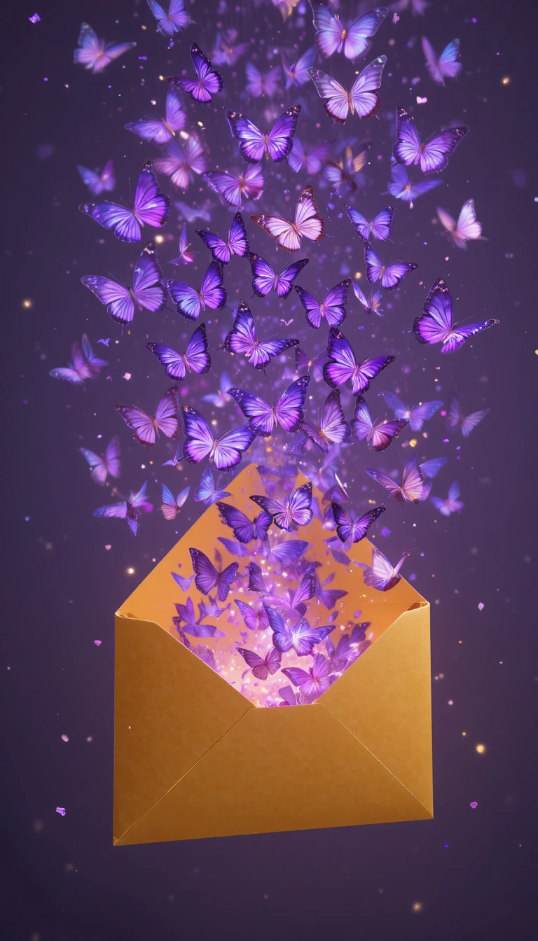 Farfalle viola che emergono da una busta gialla fluttuante
