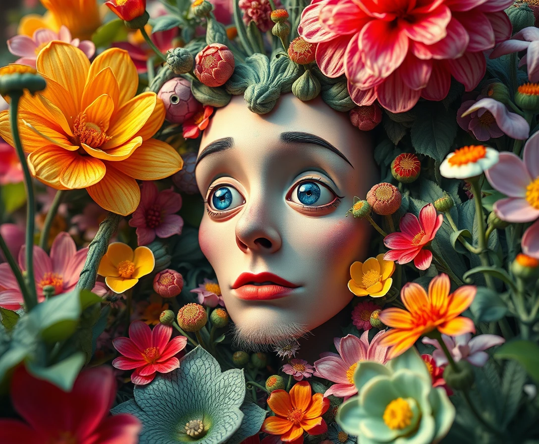 Visage surréaliste émergeant parmi une flore fantastique vibrante