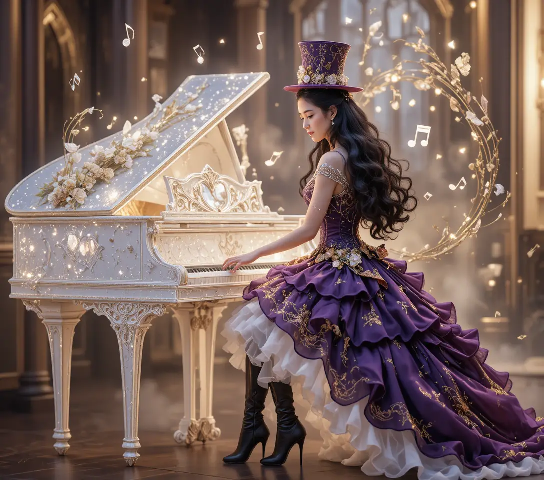 Elegante donna a un luccicante pianoforte a coda bianco