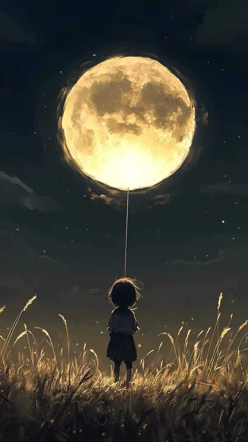 Bambino che tiene un palloncino a forma di luna luminosa tra l’erba dorata e alta