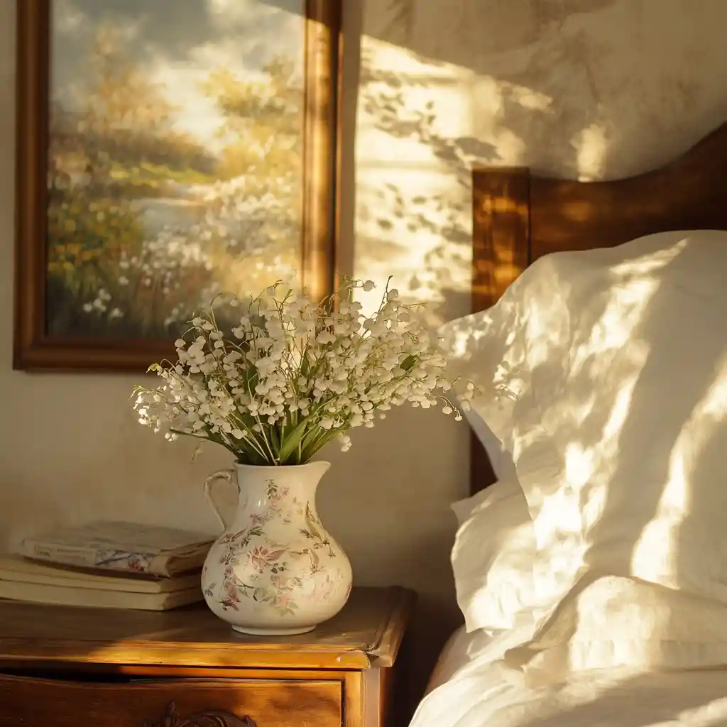 Peaceful bedside flowers beneath a vintage oil painting