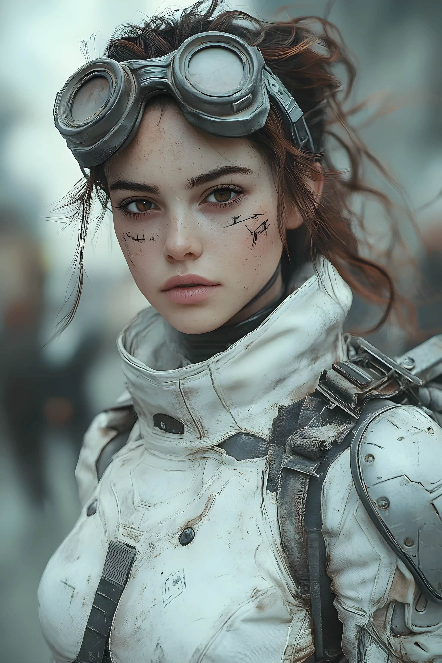 Postapokalyptische Sci‑Fi‑Frau im weißen Rüstungs‑Portrait