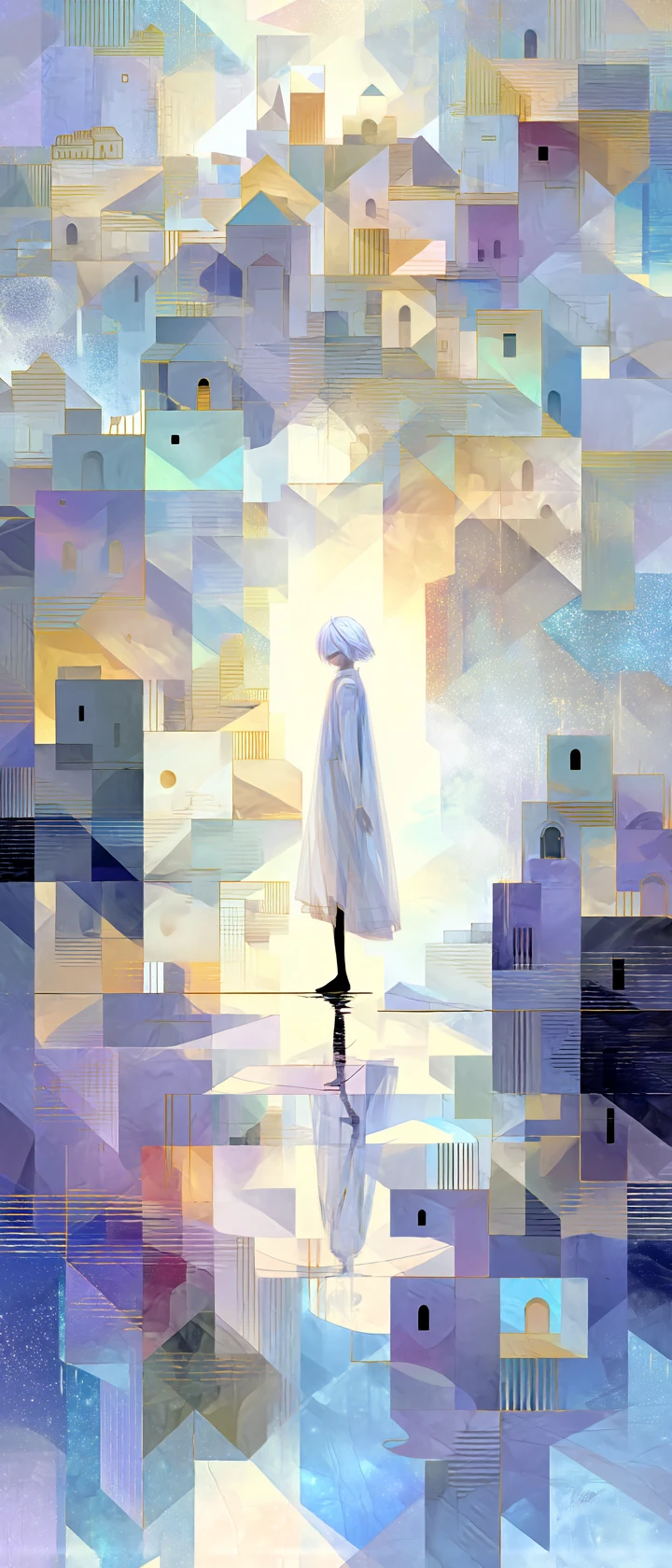 Anime spirit balancing on glowing geometric tightrope above city