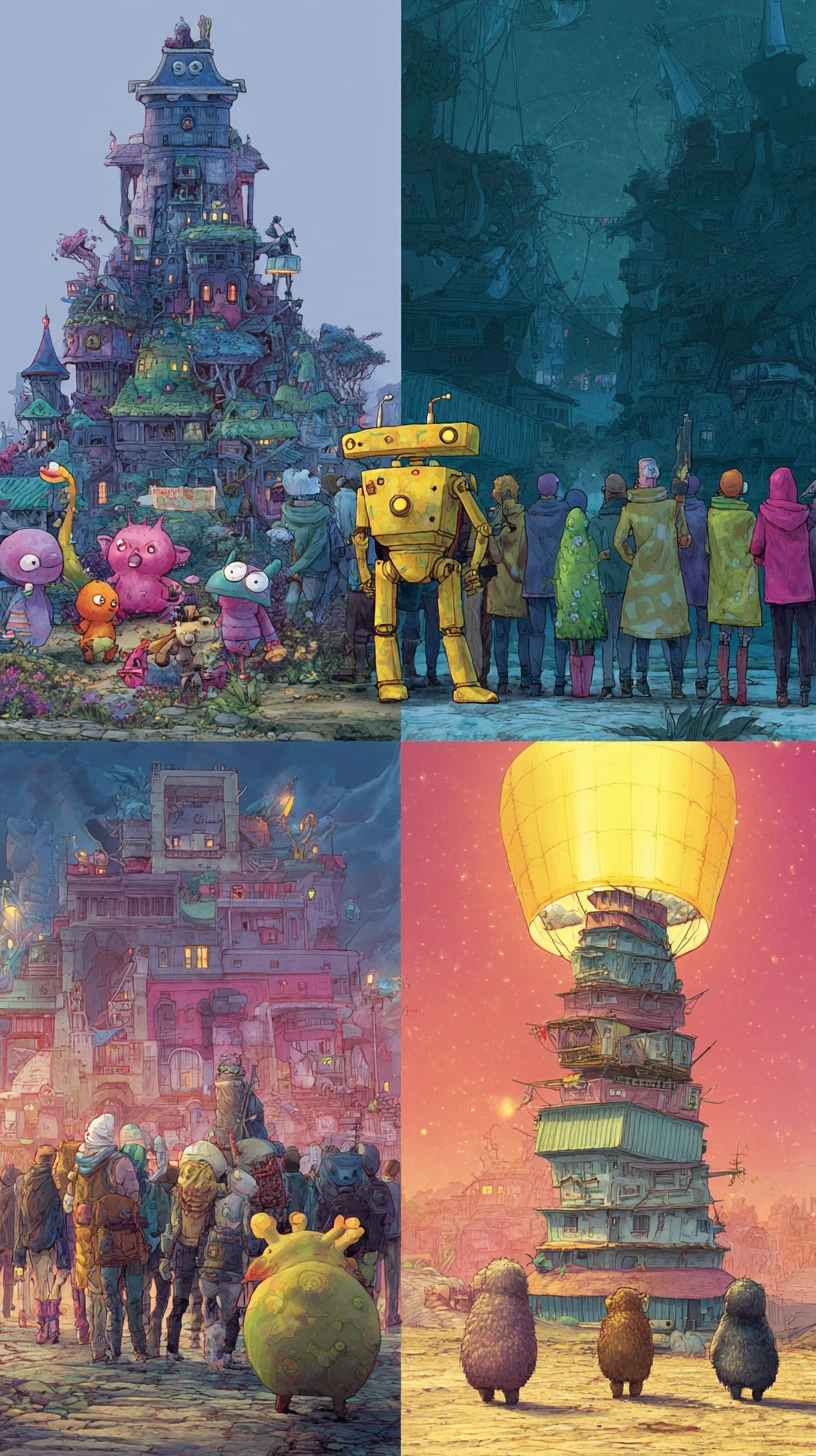 알록달록한 생물들로 둘러싸인 기 whimsical 판타지 성