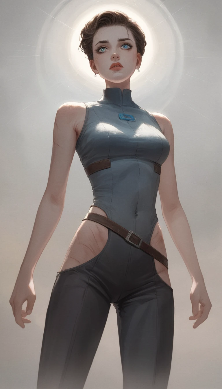 Fearless ninja heroine with determined blue eyes in shadows