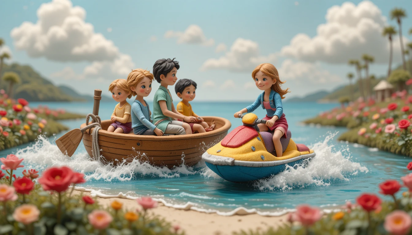 Famille en feutre fantaisiste sur un bateau à la plage