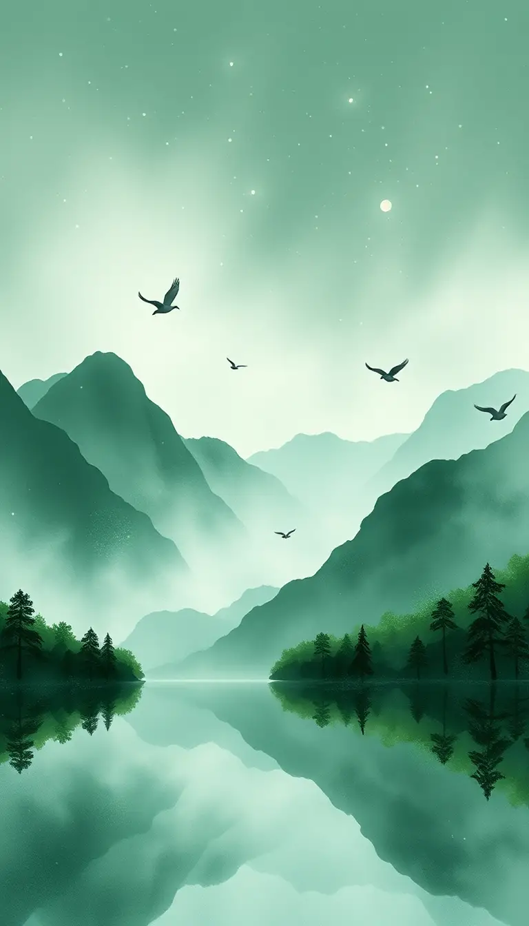Misty Mountain Lake Reflected In Delicate Pointillist Dots