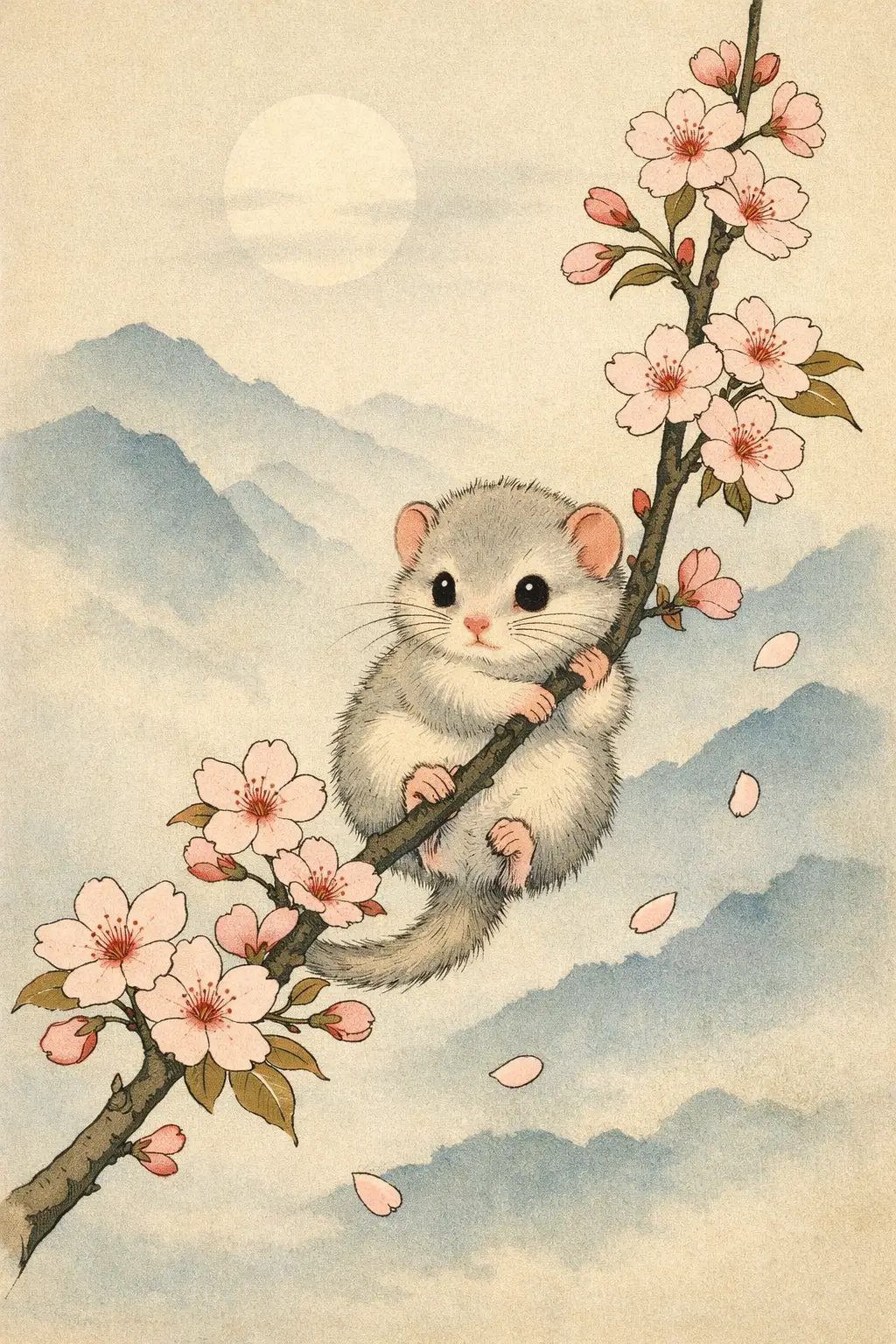 Cucciolo di ghiro in stile ukiyo-e che riposa tra i fiori di ciliegio