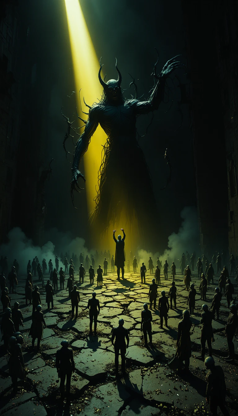 Figura demoníaca erguendo-se de sombras fraturadas em movimento diagonal