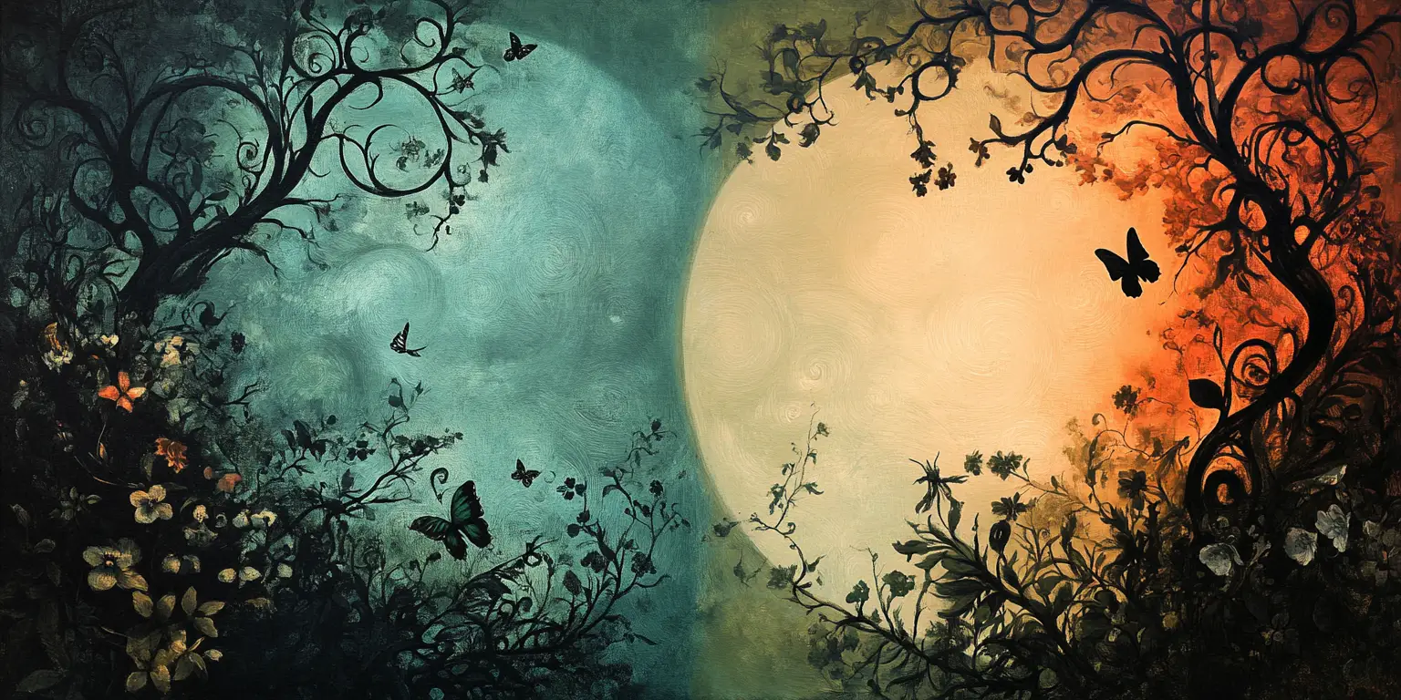 Papillon mystique dans un paysage fantastique yin et yang tourbillonnant