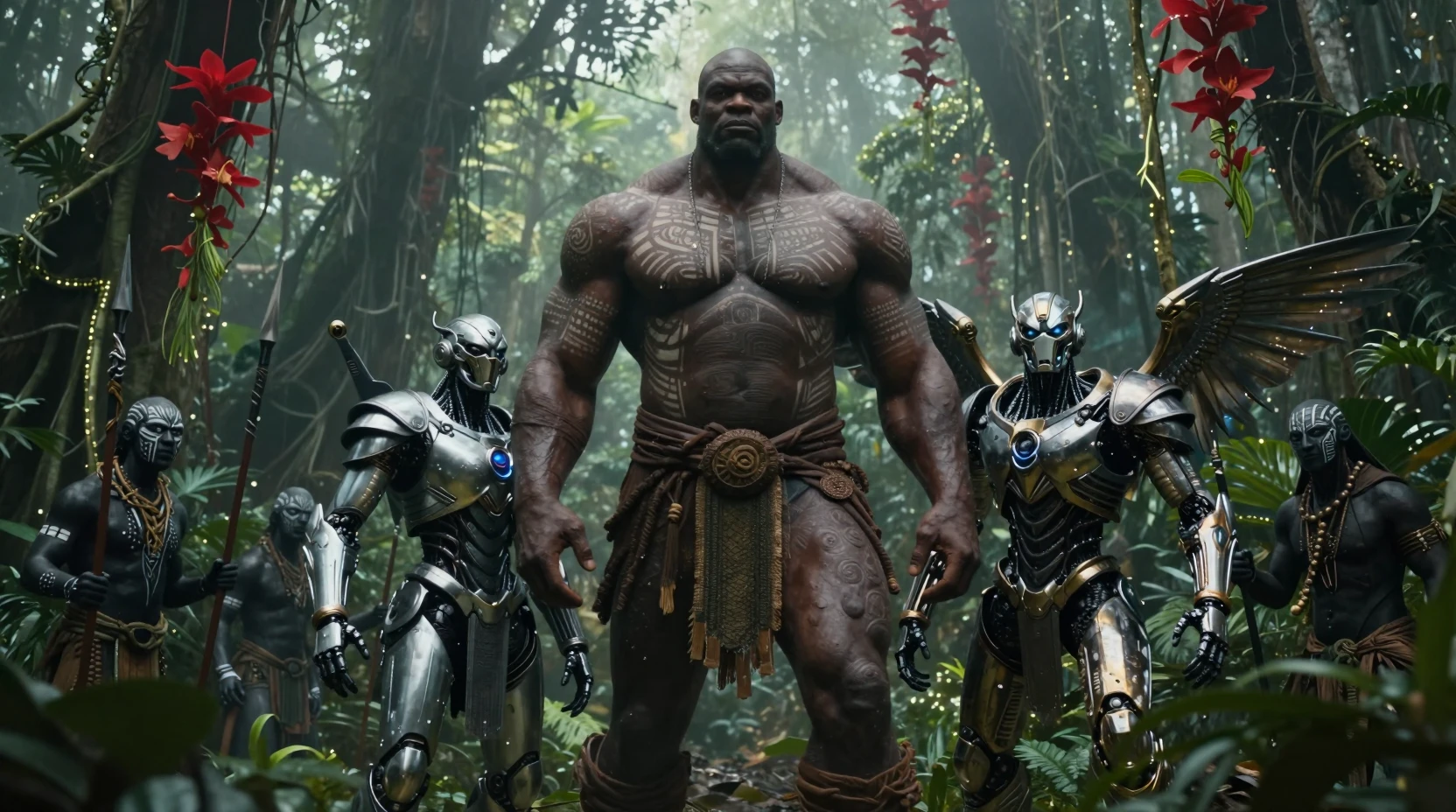 Guerrier tribal géant dans une forêt tropicale cinématographique et brumeuse