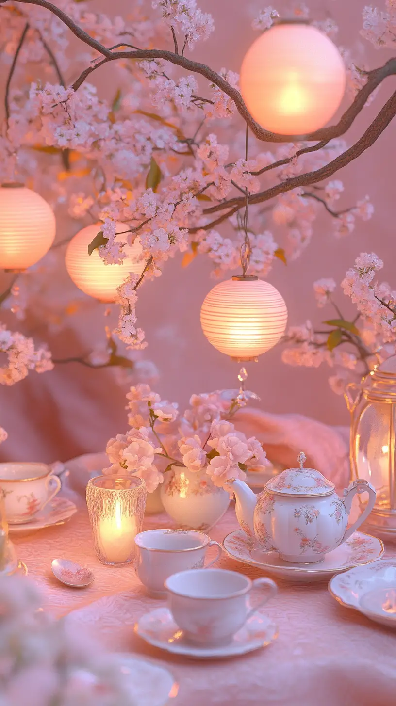 Dreamy fantasy garden tea party under cherry blossoms