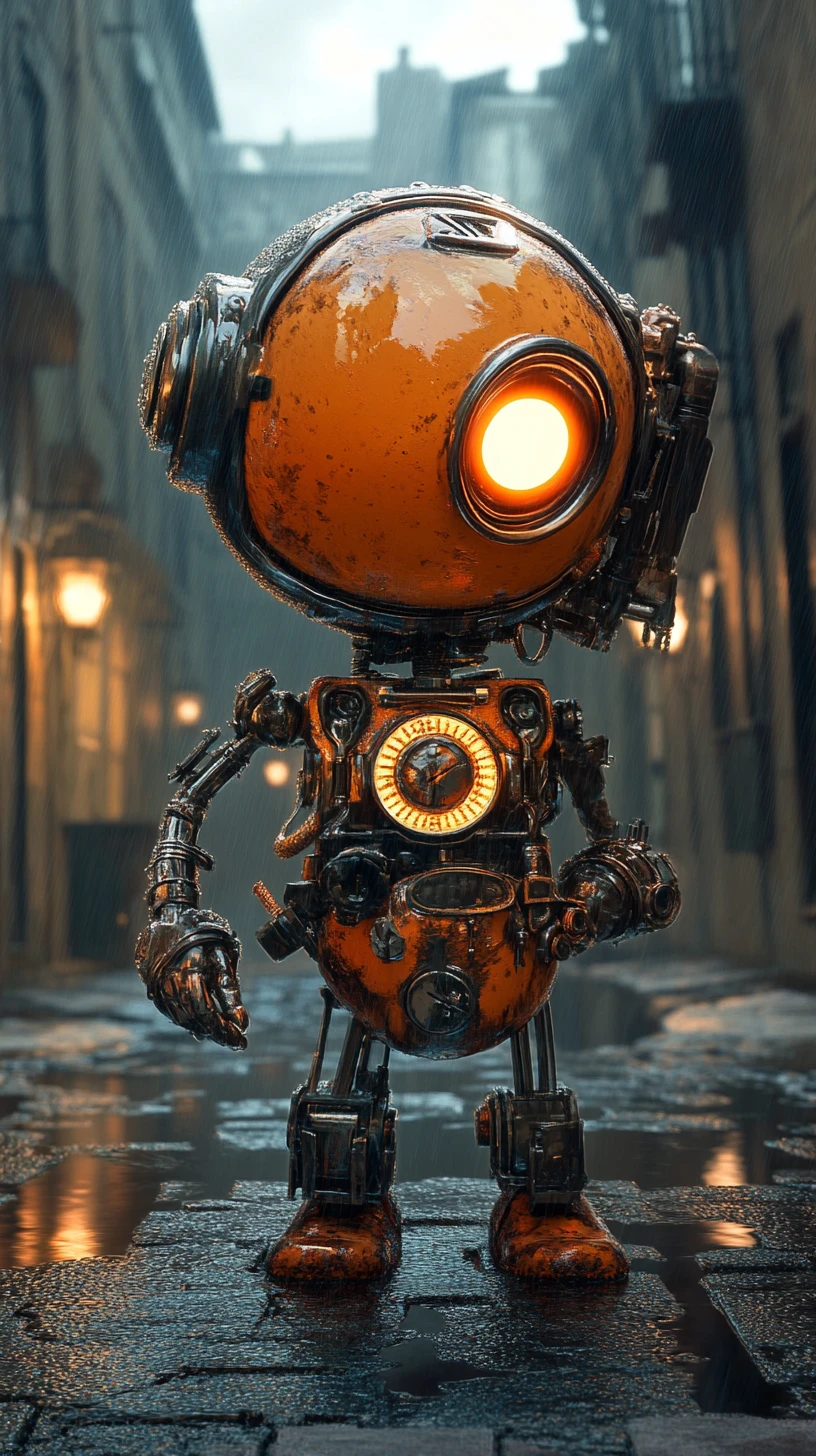 Autómata infantil steampunk melancólico caminando por un callejón mojado