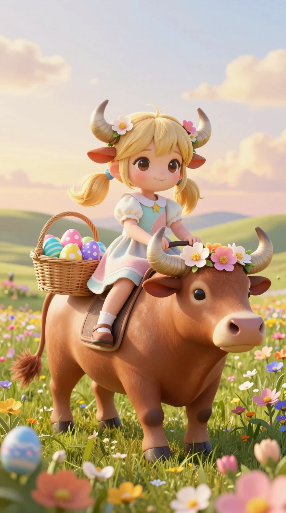 Adorable fille chevauchant un taureau orné de fleurs à l’heure dorée