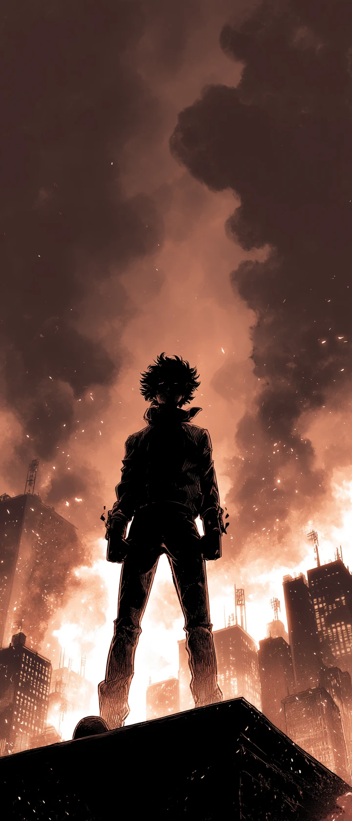Líder rebelde de anime desafiador em um terraço sobre cidade em chamas