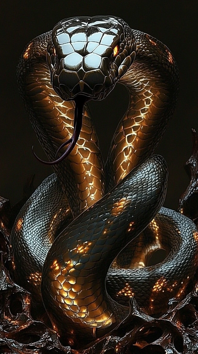 Cobra con Capucha Extendida sobre Fondo de Escamas Abstractas