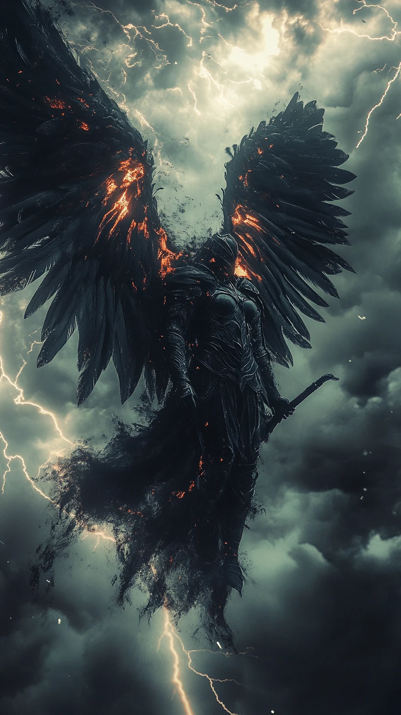 Valkyrie sombre descendant des nuages d’orage en armure flamboyante