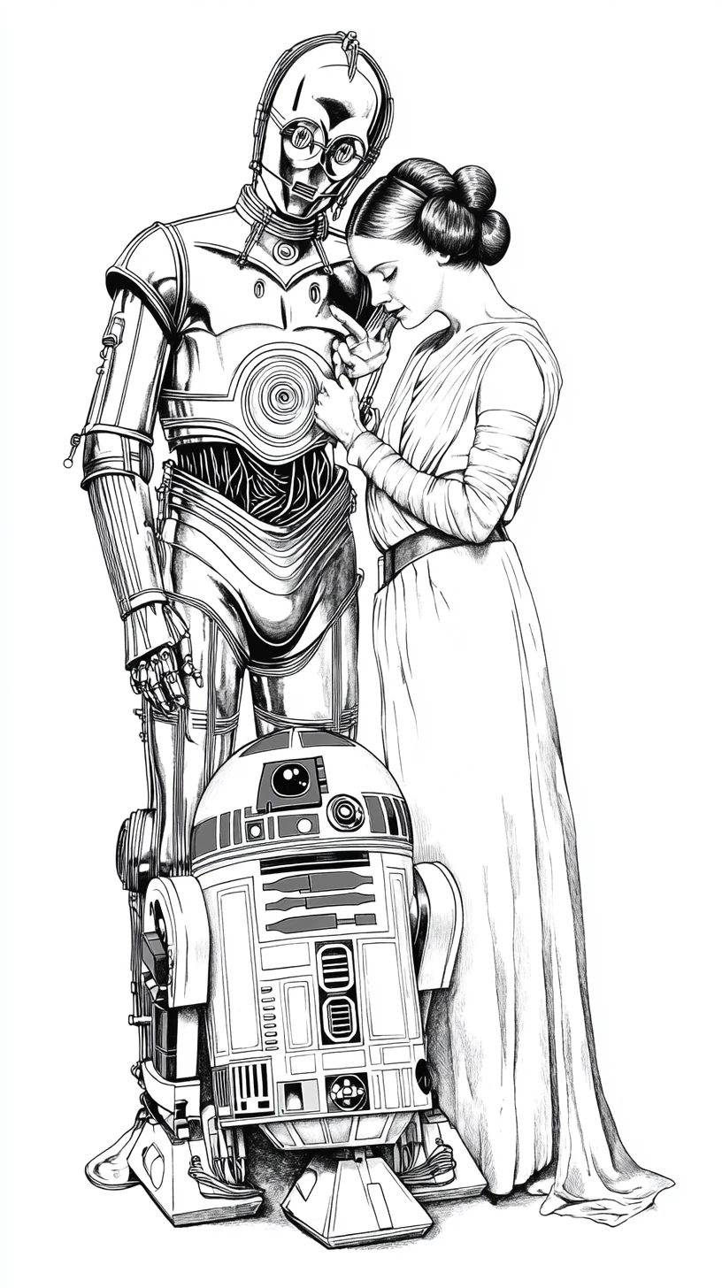 Desenho em preto e branco de Leia e seus aliados