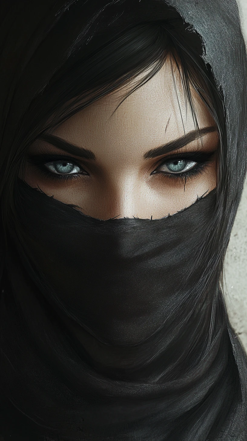 Feroz heroína ninja de ojos azules entre sombras dramáticas