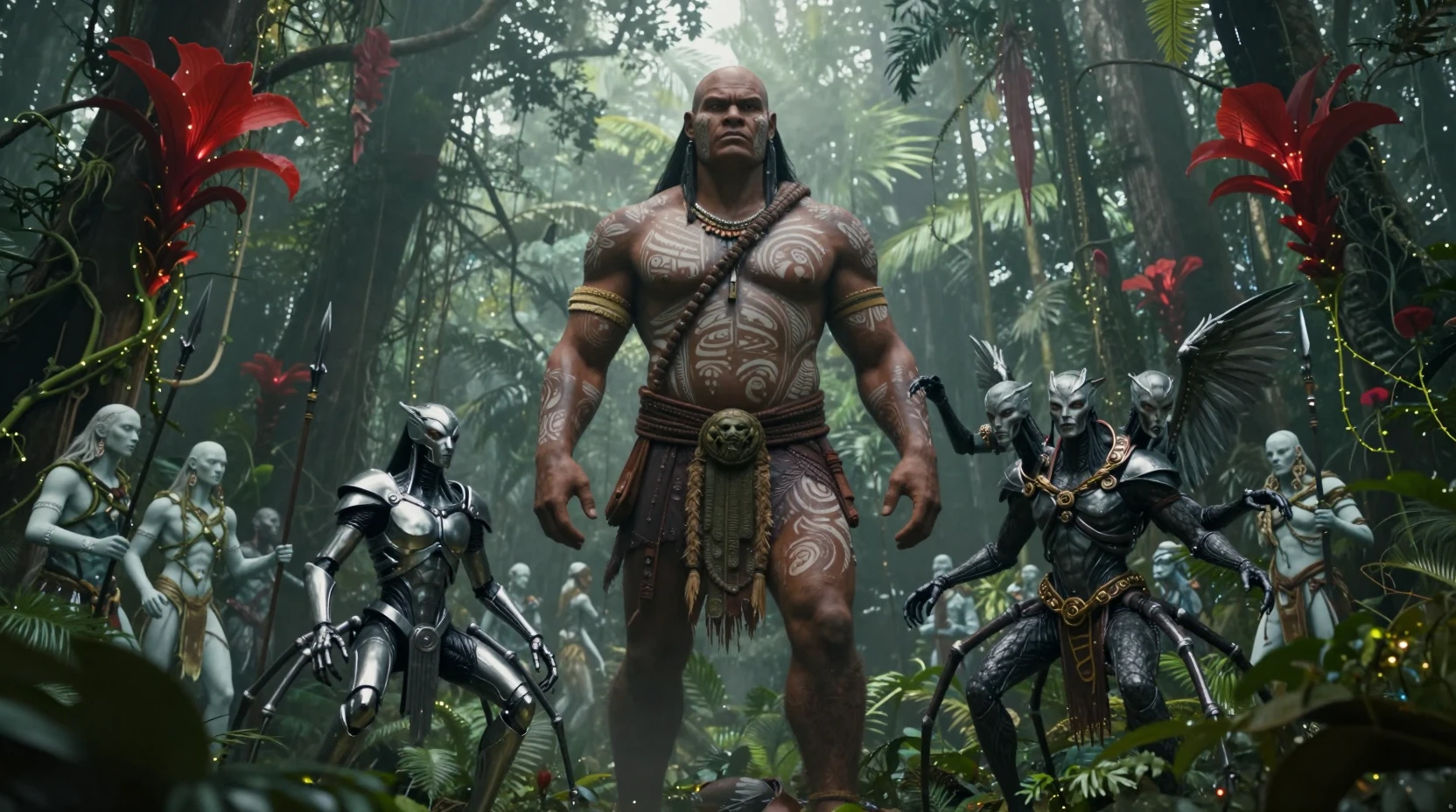 Gigantesco guerreiro tribal em uma clareira enevoada da floresta amazônica