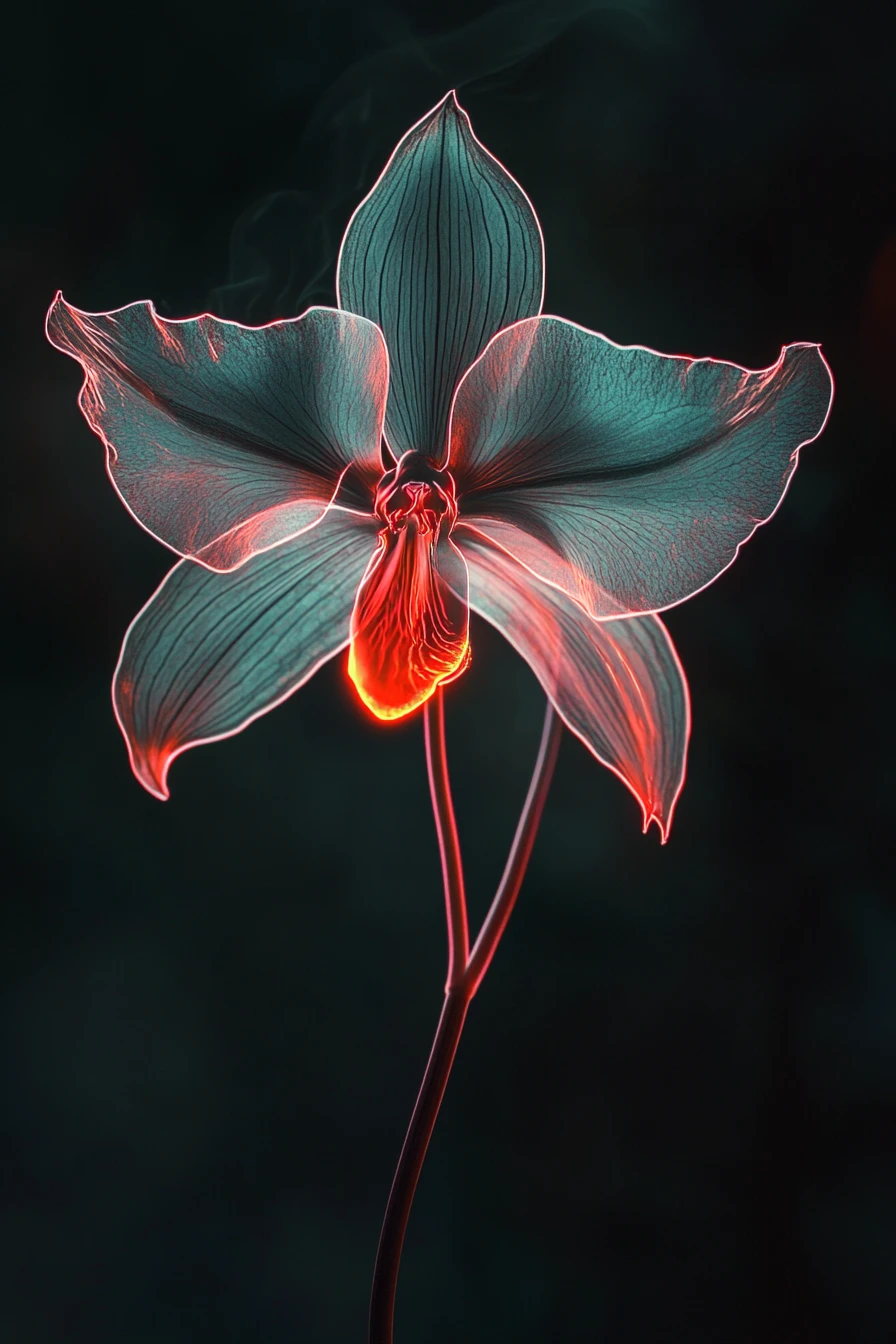 Orquídea fantasma con contorno rojo bioluminiscente