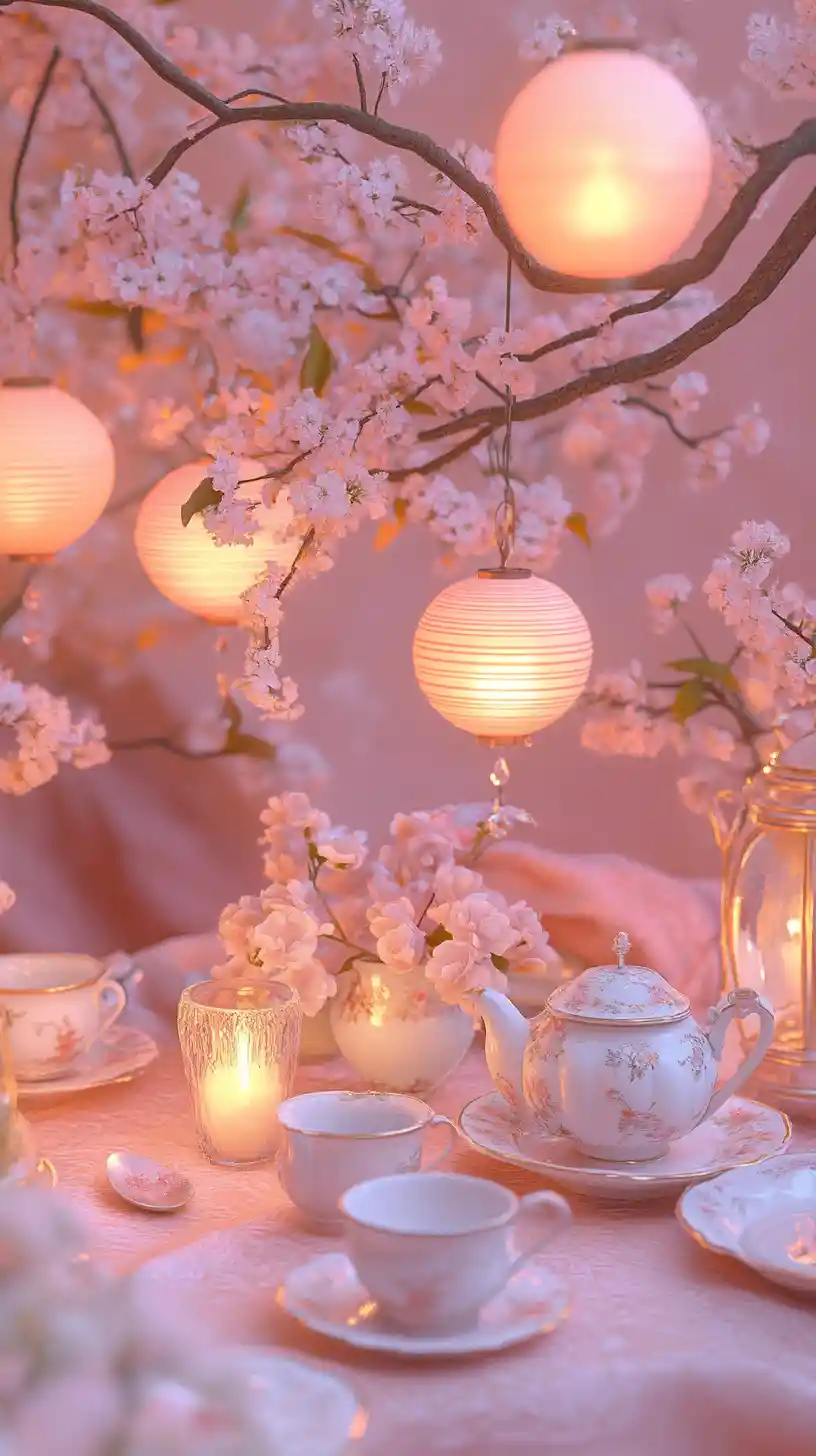 Dreamy fantasy garden tea party under cherry blossoms