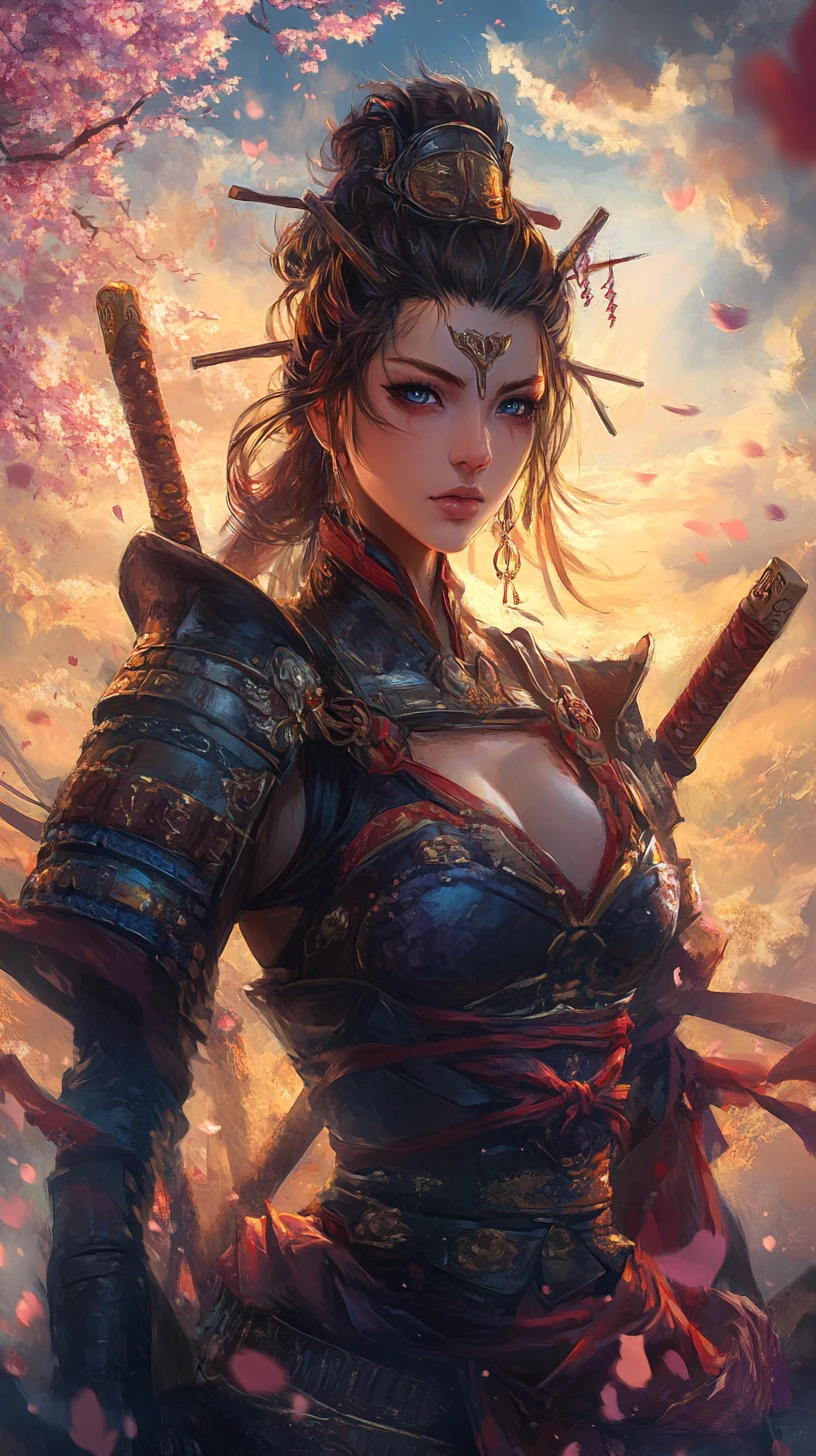 Oni-Göttin in Samurai-Rüstung zwischen rosa Kirschblüten