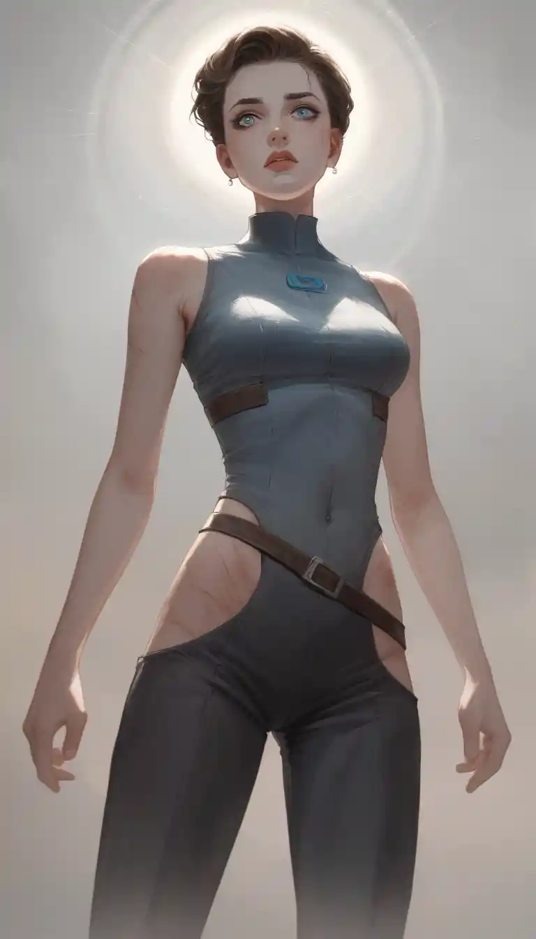 Fearless ninja heroine with determined blue eyes in shadows