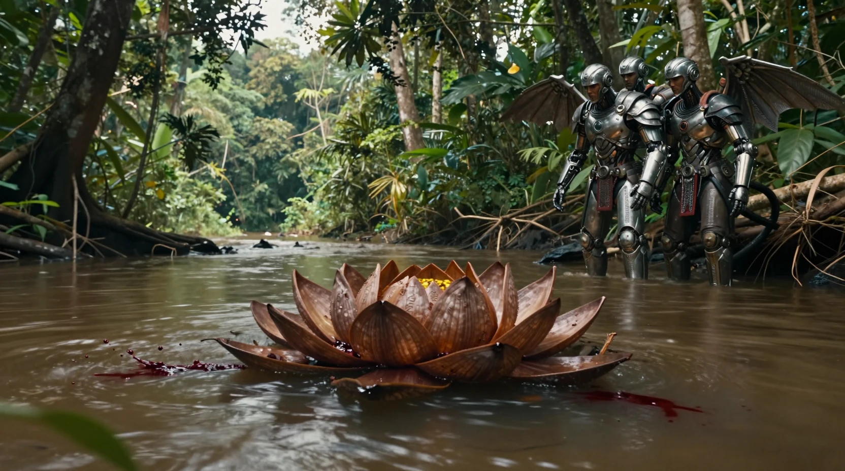 Guerreiros blindados observam uma flor monstruosa em rio de selva