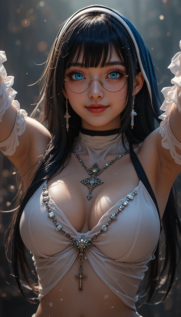 Anime-Nonnenporträt mit Brille und dramatischer Godray-Beleuchtung
