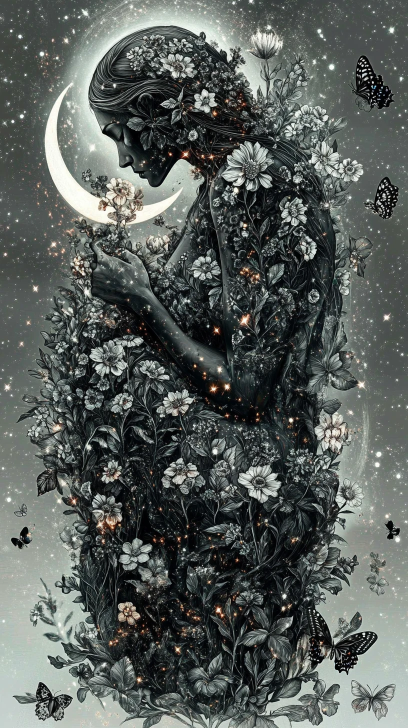 Silhueta feminina celestial floral com lua e borboletas