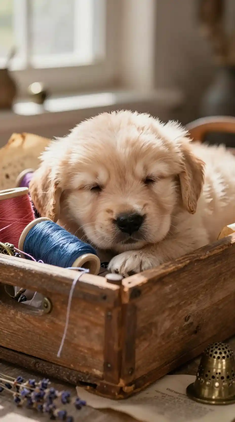 Sleeping golden retriever puppy in a rustic sewing basket