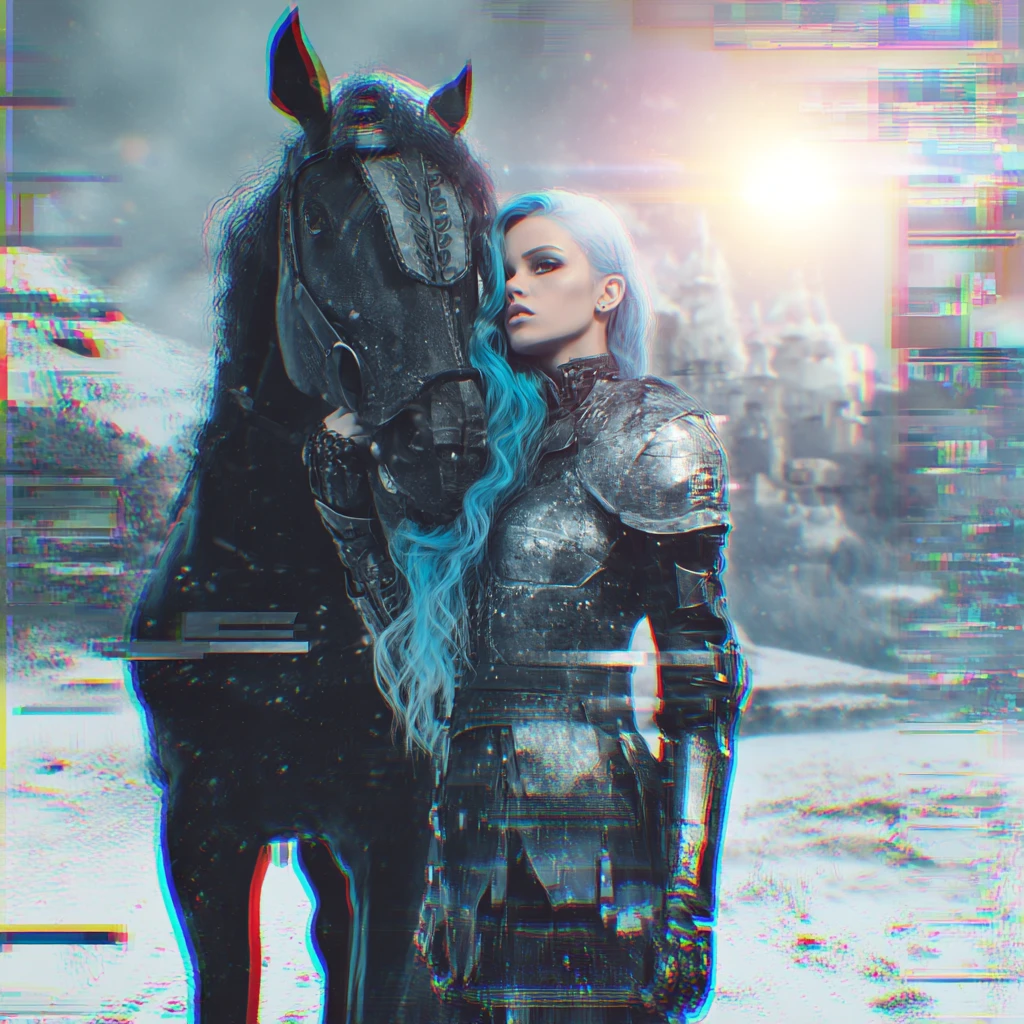 Guerriera cyberpunk con cavallo cibernetico nella neve